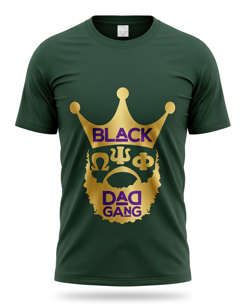 Military green, purple and gold OMEGA PSI PHI Tee Shirt — studio mannequin view