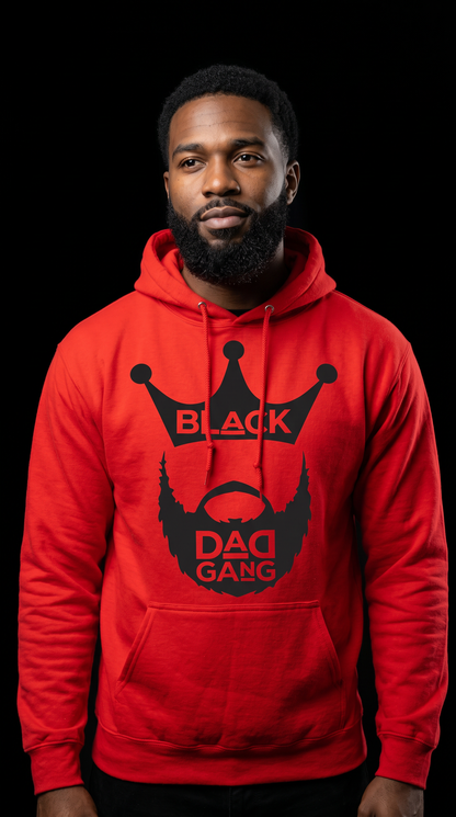 Red and black Dad Hoodie — worn by a model