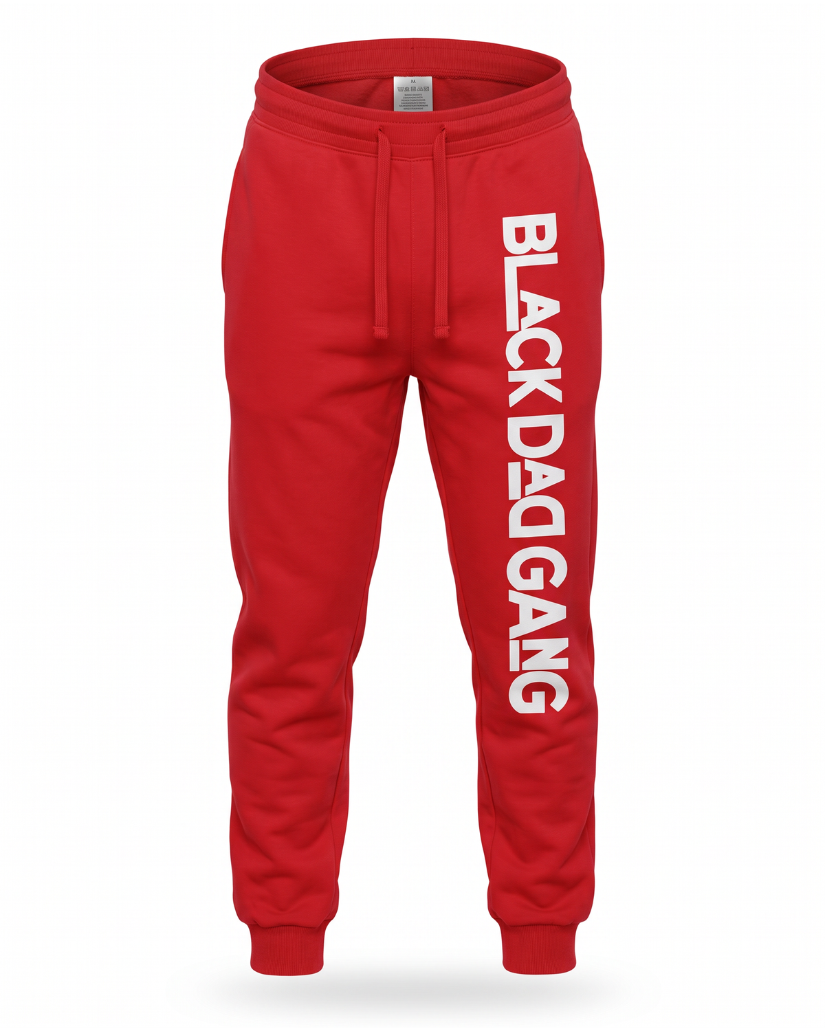 Red and white fleece joggers — studio mannequin view