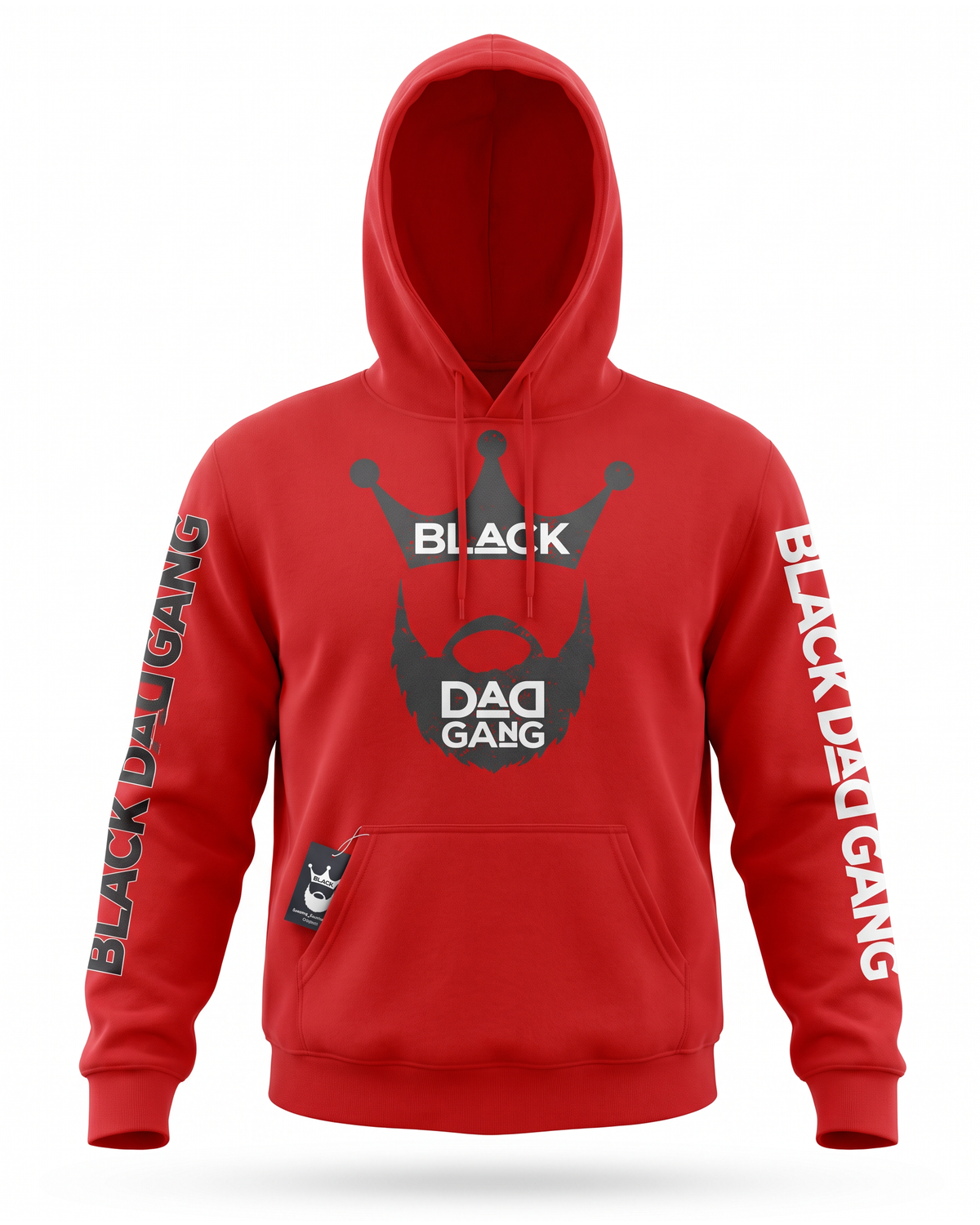 Red, Black and white Black dad gang hooded sweater — studio mannequin view