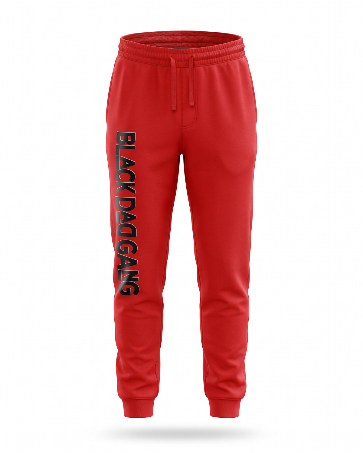 Red, black and white black dad gang jogger sweats — studio mannequin view