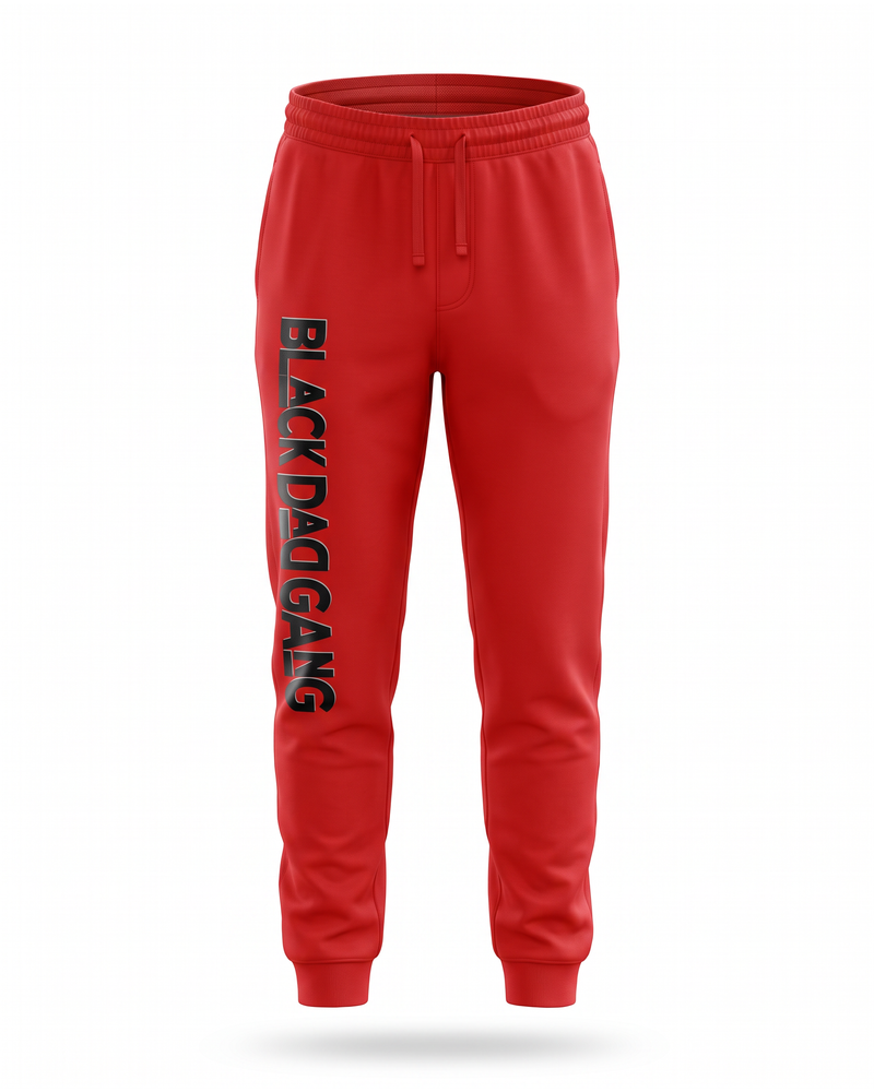 Red, black and white black dad gang jogger sweats — studio mannequin view