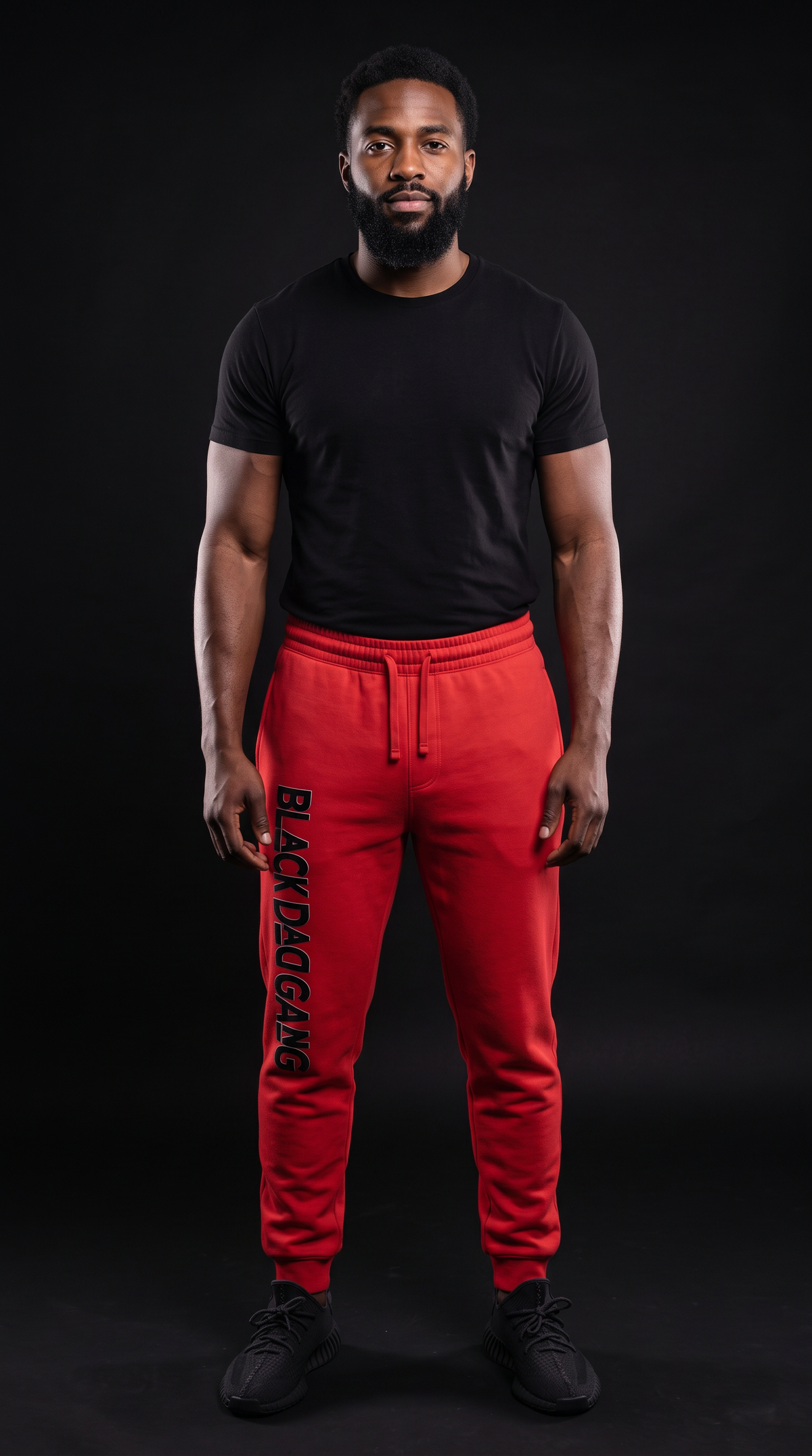 Red, black and white black dad gang jogger sweats — worn by a model
