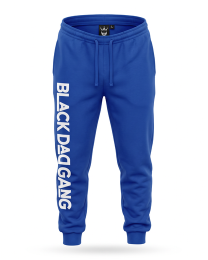 Royal blue and white jogger sweats — studio mannequin view