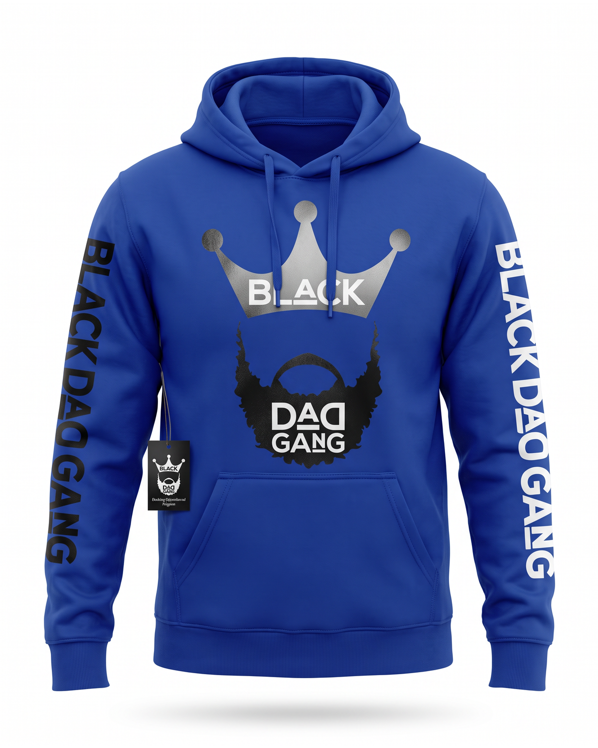 Royal Blue, black and white hooded sweater — studio mannequin view