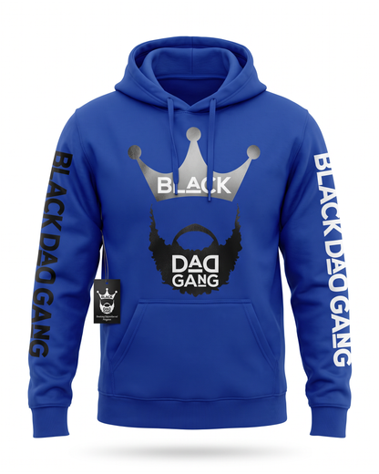 Royal Blue, black and white hooded sweater — studio mannequin view