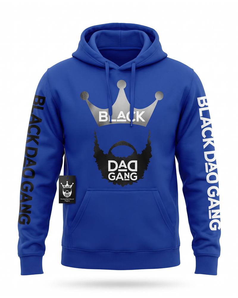 Royal Blue, black and white hooded sweater — studio mannequin view