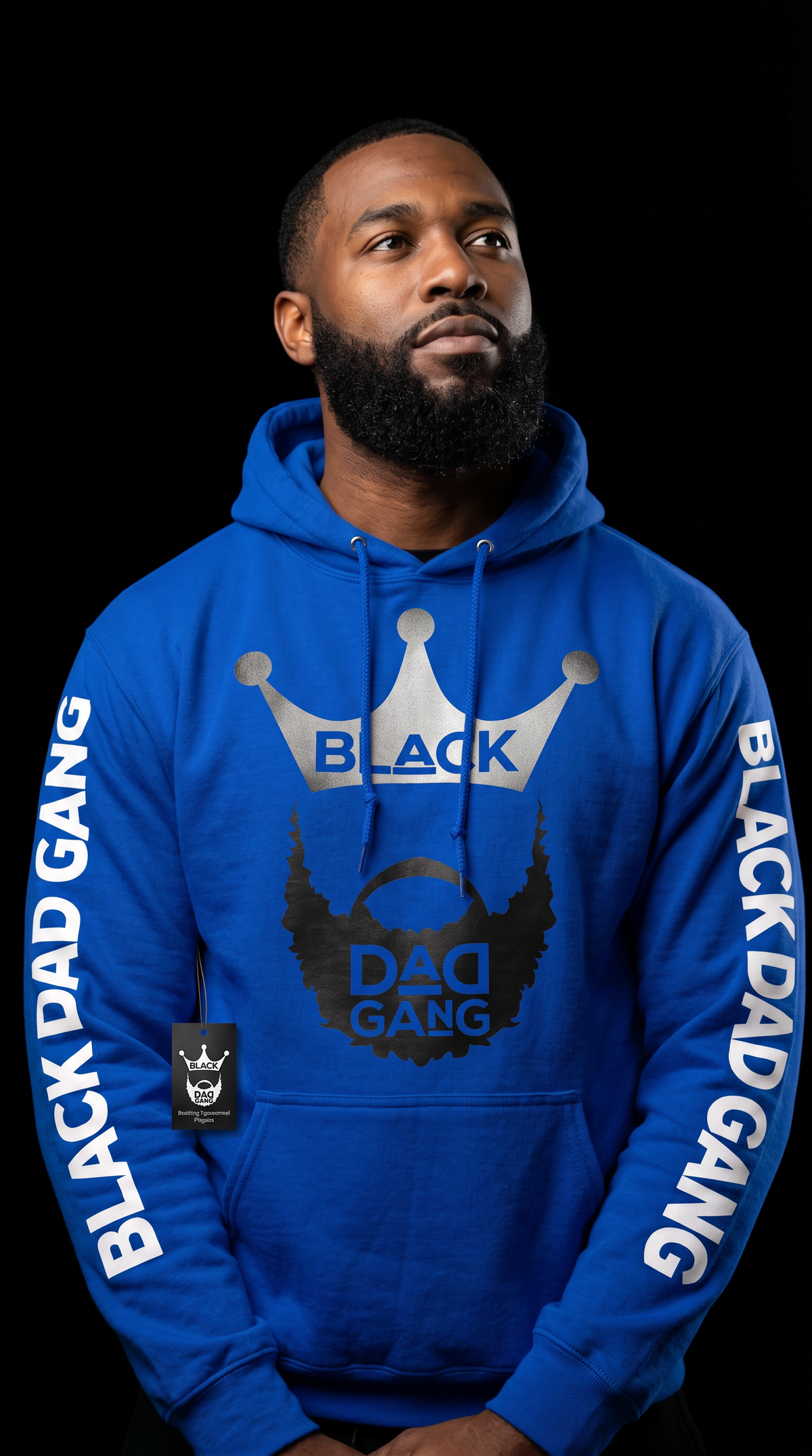 Royal Blue, black and white hooded sweater — worn by a model