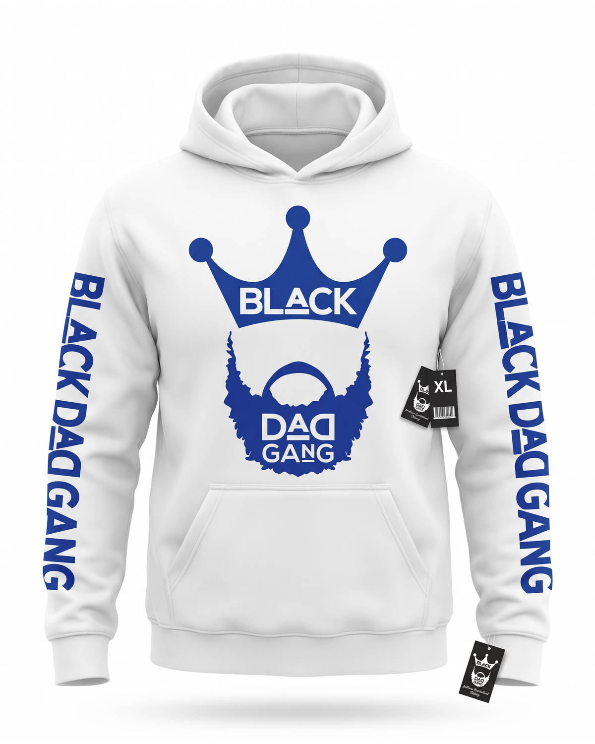 White and royal blue Black dad Gang hooded sweater — studio mannequin view