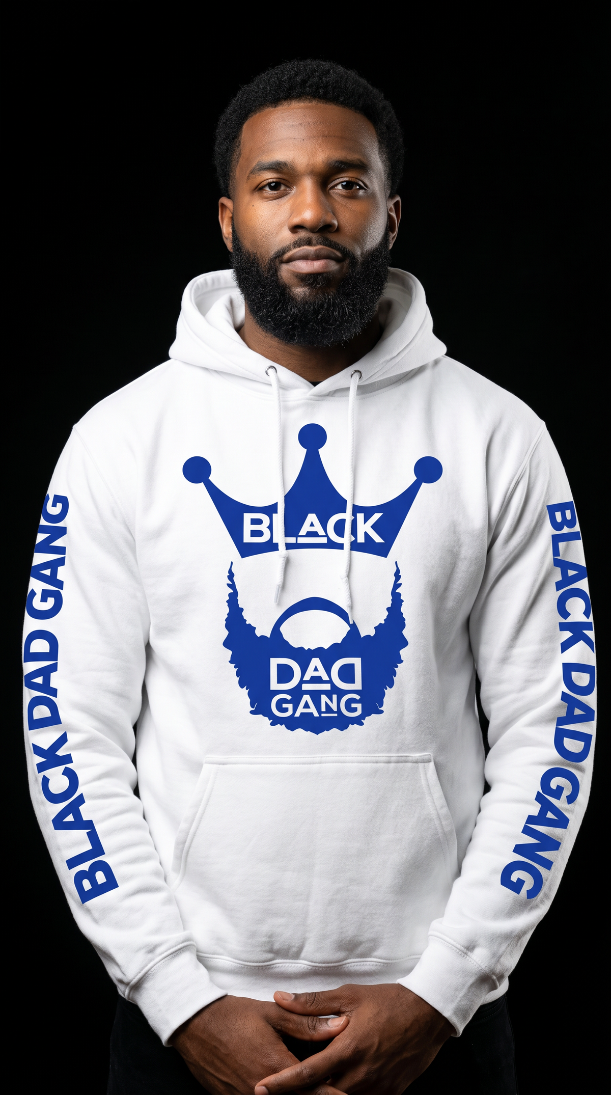 White and royal blue Black dad Gang hooded sweater — worn by a model