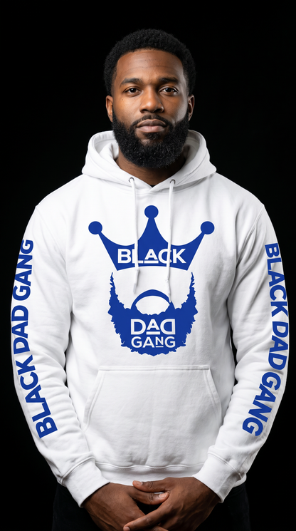 White and royal blue Black dad Gang hooded sweater — worn by a model
