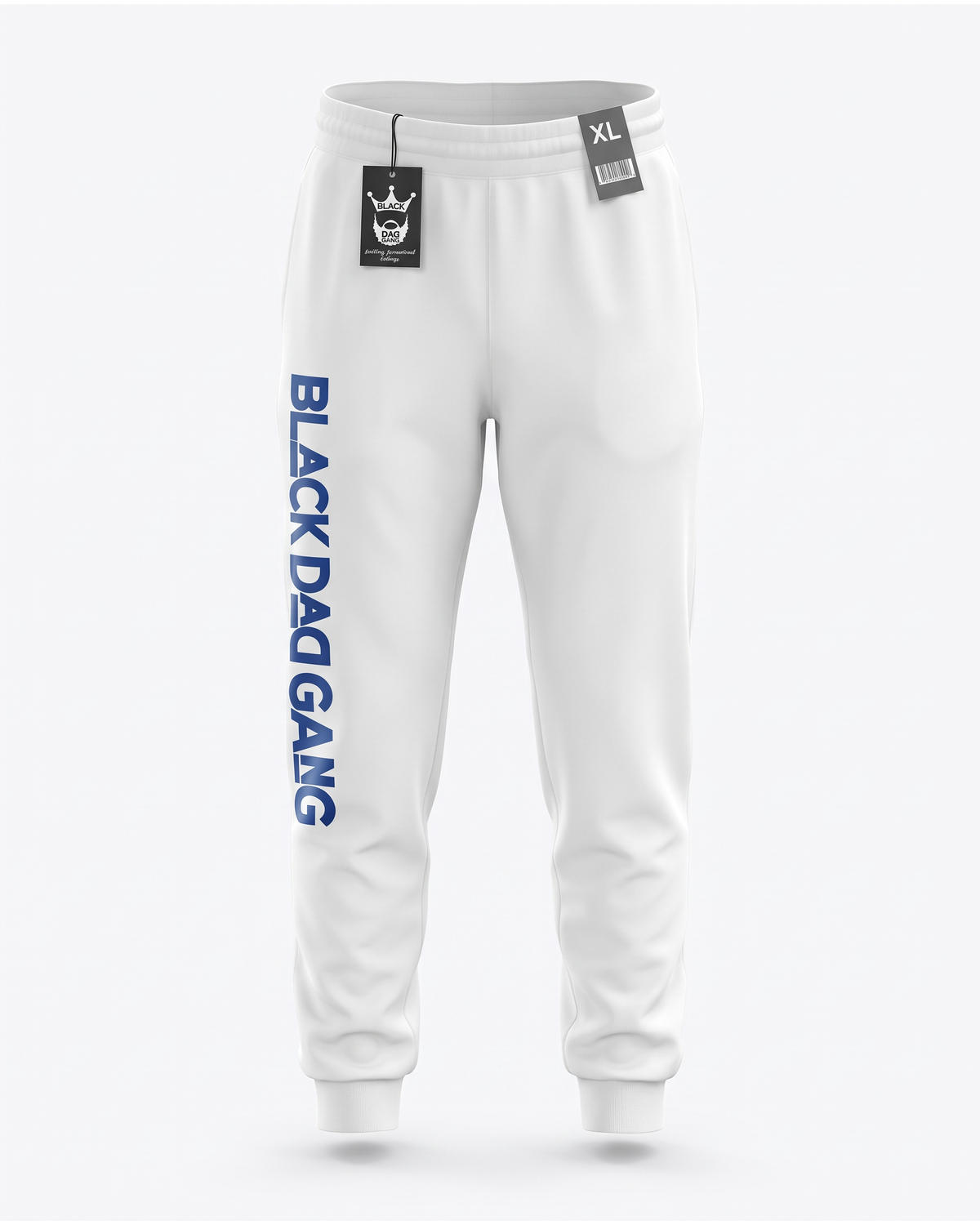 White and Royal blue black dad gang jogger sweats — studio mannequin view