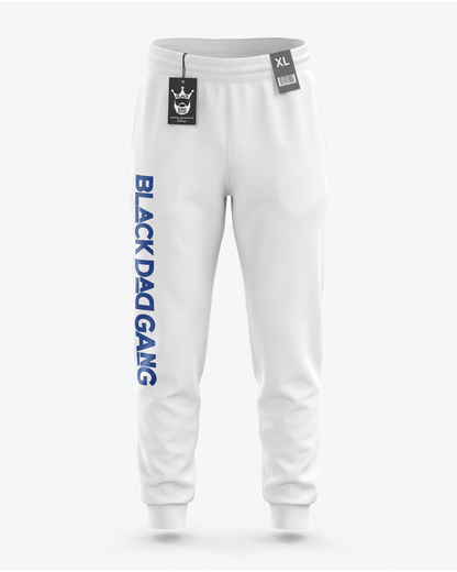 White and Royal blue black dad gang jogger sweats — studio mannequin view