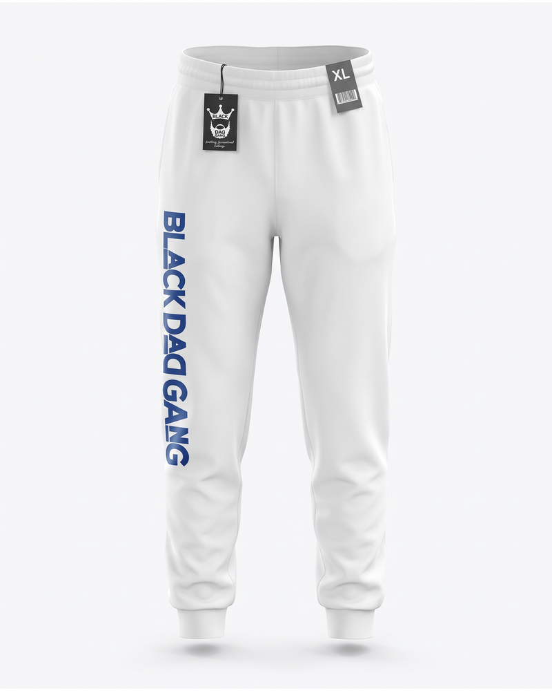 White and Royal blue black dad gang jogger sweats — studio mannequin view