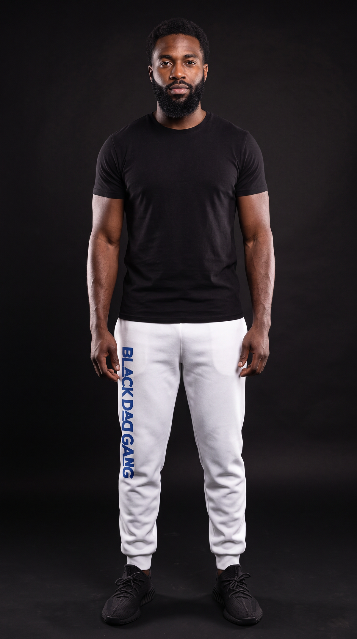 White and Royal blue black dad gang jogger sweats — worn by a model