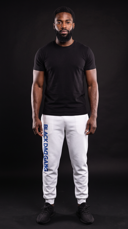 White and Royal blue black dad gang jogger sweats — worn by a model
