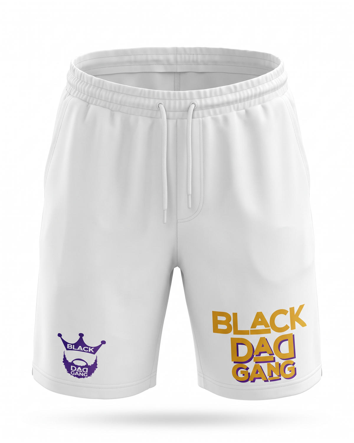 White , Purple and Gold Black DaD GanG shorts — studio mannequin view