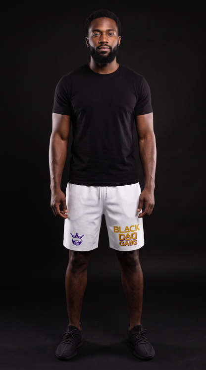 White , Purple and Gold Black DaD GanG shorts — worn by a model